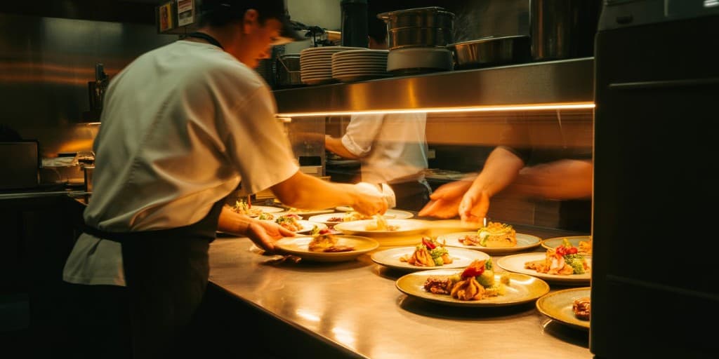 Επαγγελματική κουζίνα στο pass: πιάτα σε σειρά, σεφ σε κίνηση, ζεστό φωτισμό stainless steel